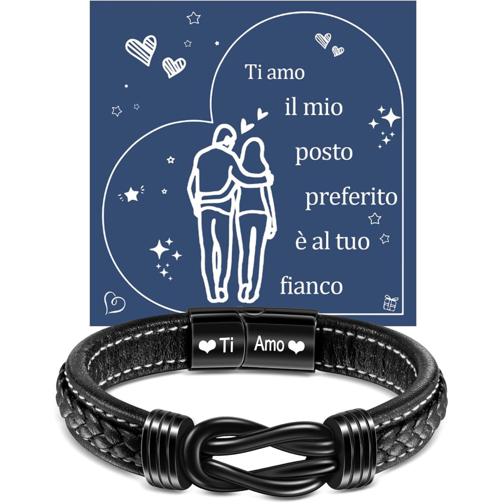 YELUWA Regalo San Valentino Per Lui, Ti Amo Bracciale Uomo, Bracciali Pelle da Uomo Infinito Nodo Incisione Natale Regalo di