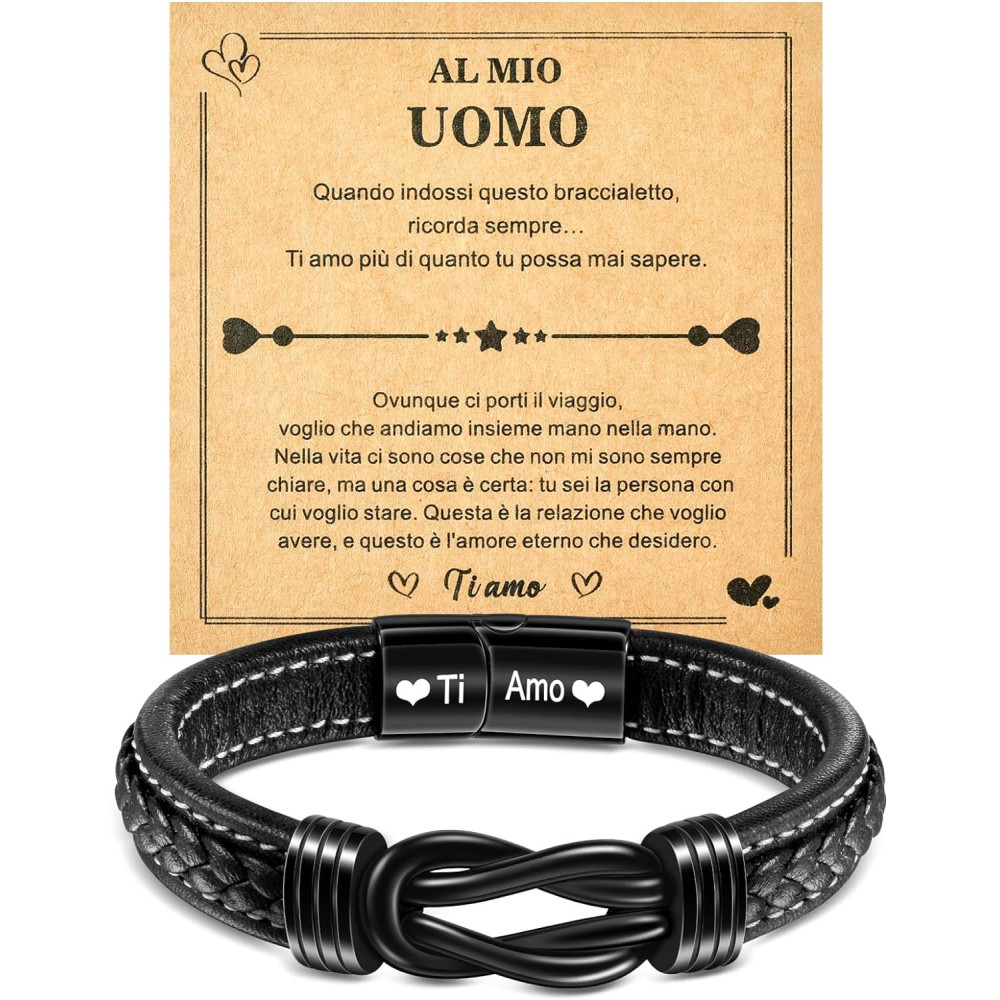 YELUWA Ti Amo Bracciale Uomo, Bracciali Pelle da Uomo Infinito Nodo Incisione Natale Regalo di Compleanno Per Lui Regalo Marito