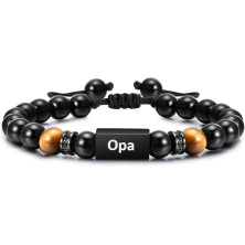 TempBeau Bracciale da uomo per papà, idea regalo per nonno, con perle, lunghezza regolabile, in pelle, colore nero, per uomini,