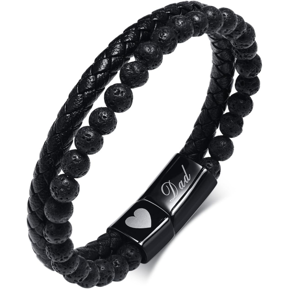 TempBeau Bracciale da uomo in pelle nera: set da 2 pezzi, 19 cm, 21 cm, perle in vera pelle intrecciata, alla moda, per uomini,