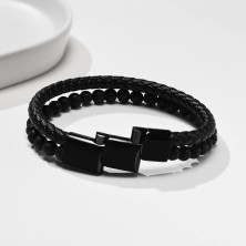 TempBeau Bracciale da uomo in pelle nera: set da 2 pezzi, 19 cm, 21 cm, perle in vera pelle intrecciata, alla moda, per uomini,