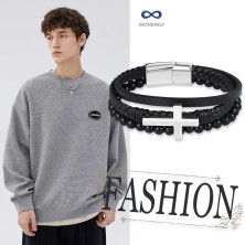 INFINIONLY Bracciale in Pelle Nera Intrecciata Multistrato con Croce per Uomo Adolescenti Bracciali di Pietra Smerigliata