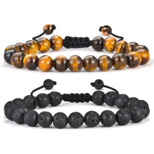 TINGN Bracciale da uomo in pietra lavica, 8 mm, con occhio di tigre, braccialetto da uomo, perle di yoga, pietre curative, olio