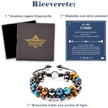 CheersLife Idee Regalo Uomo Compleanno Regalo Natale Uomo Regali Per Lui Protezione Tripla 8mm Nero Blu Ematite Bracciale Occhio