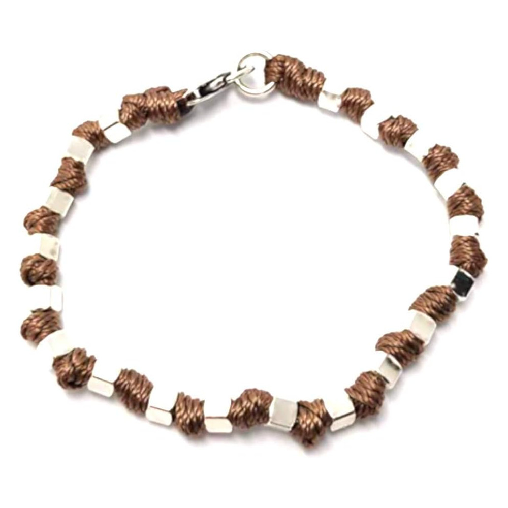 Spadarella spadino bracciale con cubetti in argento 925 di diametro 6mm e cotone nautico marrone/tortora.Fatto a