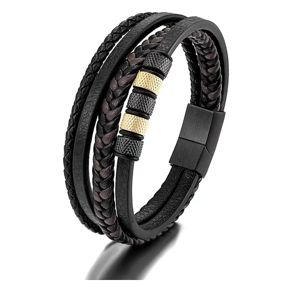 JSNOM Bracciale Uomo Pelle Intrecciata: Bracciali Vera Pelle Multistrato con Chiusura Magnetica in Acciaio Inox, Gioielli Regalo