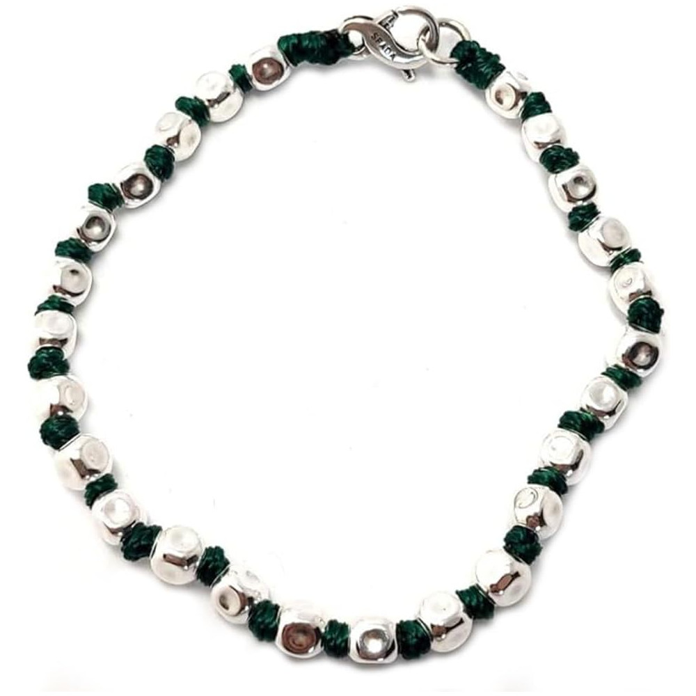 Spadarella spadino bracciale con pepite in argento 925 di diametro 5mm e cotone nautico verde scuro.Fatto a