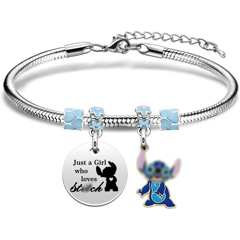 Divertente braccialetto regalo per ragazze, ciondolo in argento regolabile, con scritta "Just A Girls Who Loves Stitch", regalo