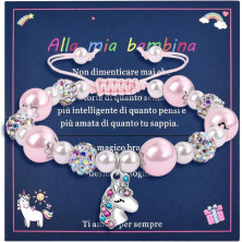 VGWON Regalo Unicorno per Bambina, Braccialetto Unicorno Rosa con Perle e Diamanti di Zucchero, Regalo per la Figlia e Nipote,