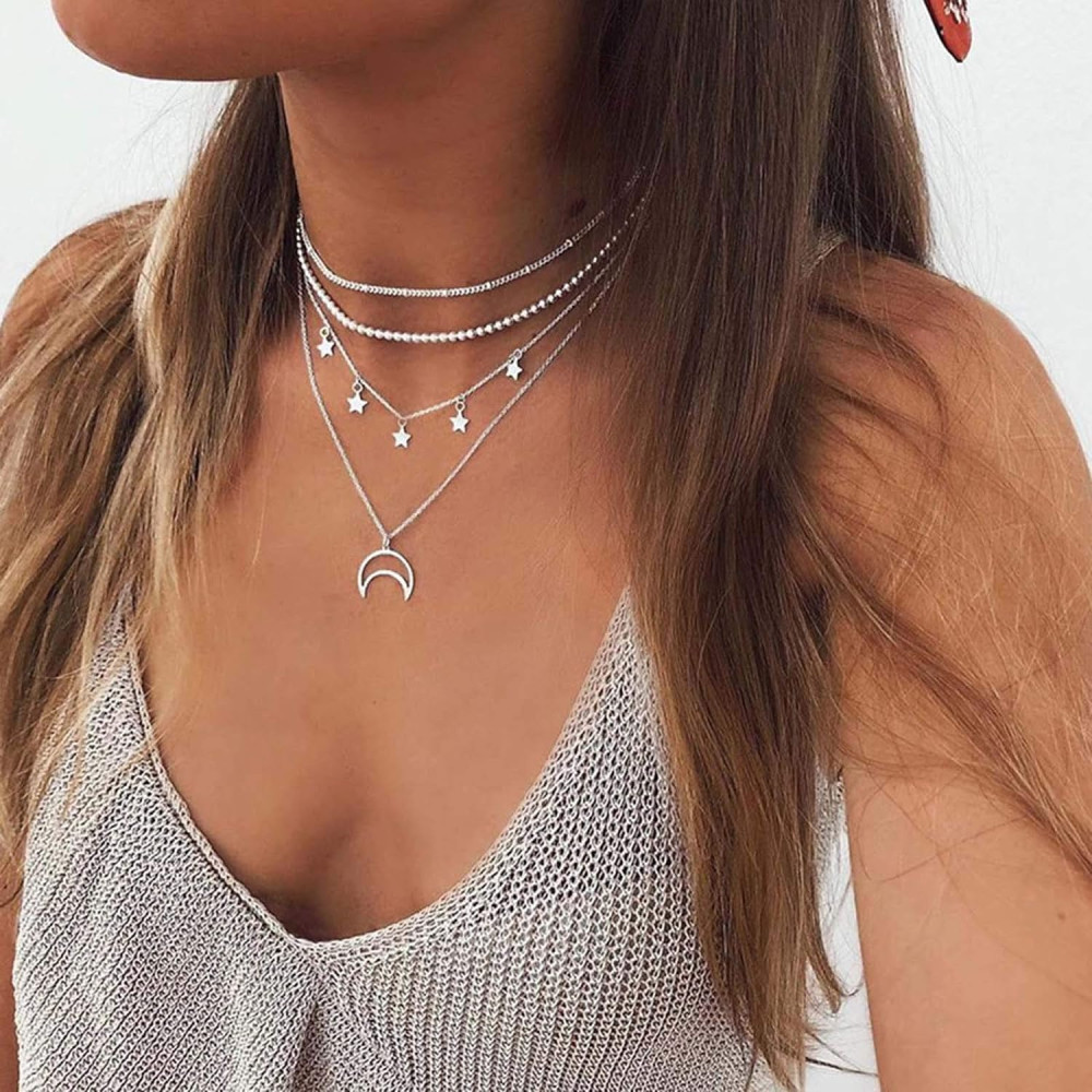 TseenYi- Collana a strati in stile boho, con pendente con stella e luna