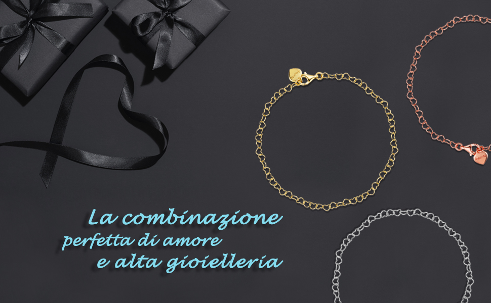 Bracciale a catena a cuore da 3 mm in argento sterling 925 Amberta misura 7,5" 8" in